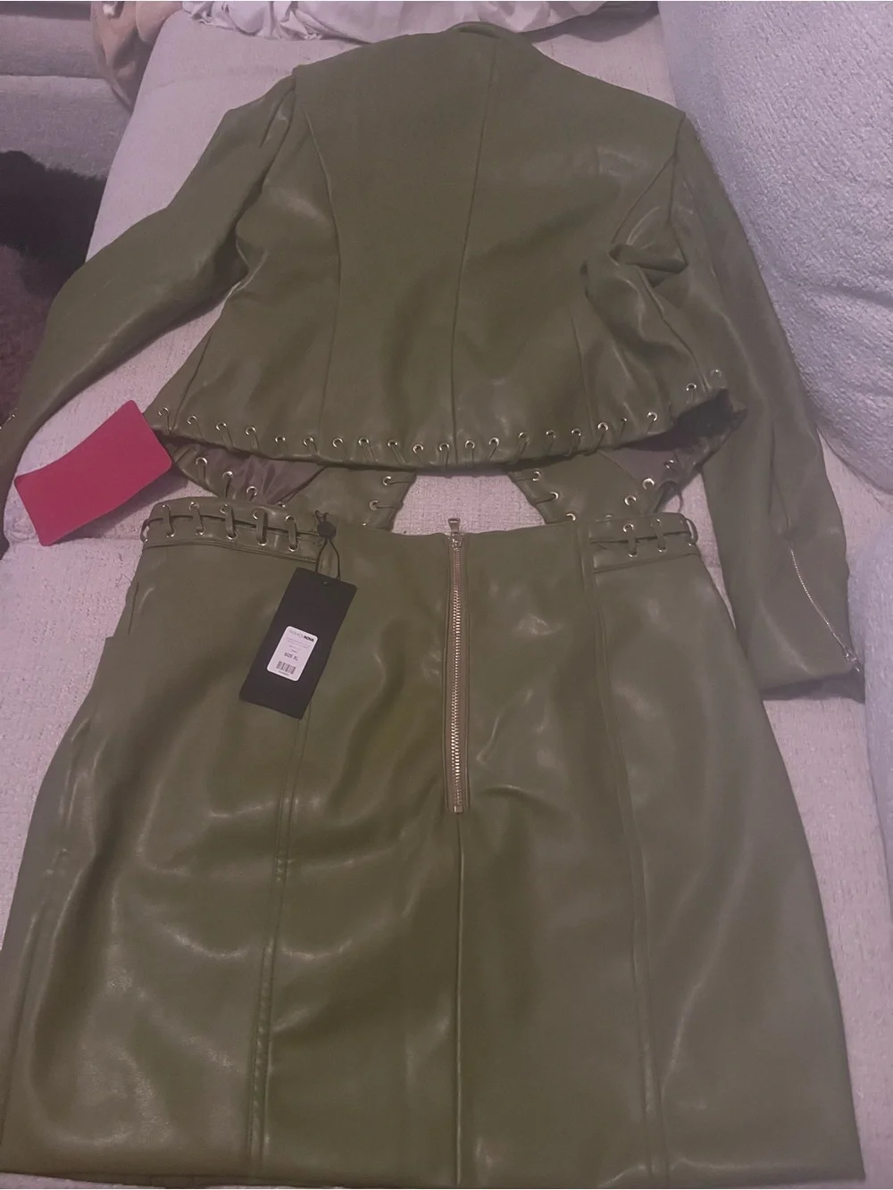 Fashion Nova Downtown Vibe Lace Up Faux Mini Skirt- olive Green Faux Leather